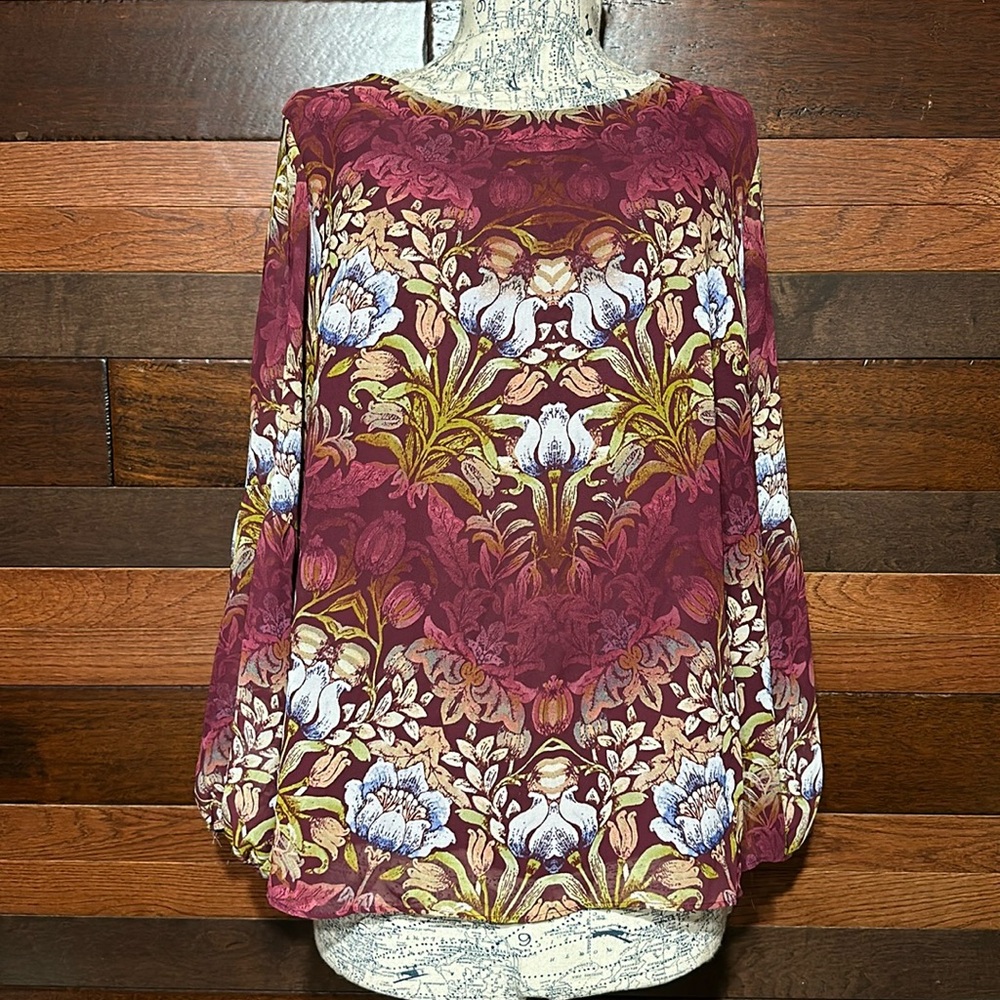 Valerie Stevens Crew Neck Long Sleeve Maroon Ombre Floral Blouse